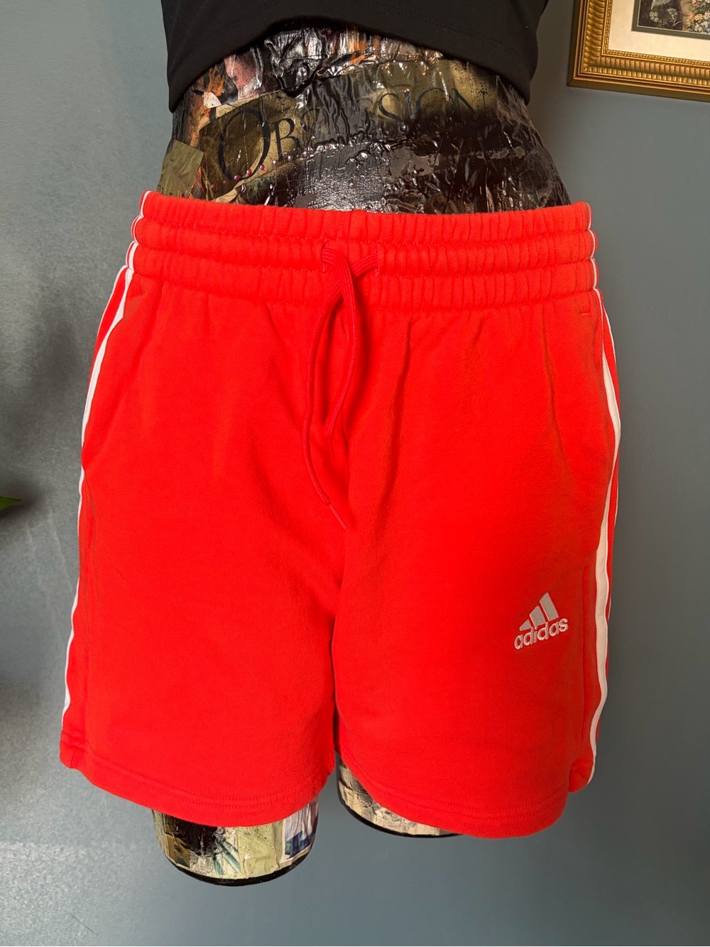 Adidas bright red/ orange 3 stripe mid length drawstring cotton sweatshirts